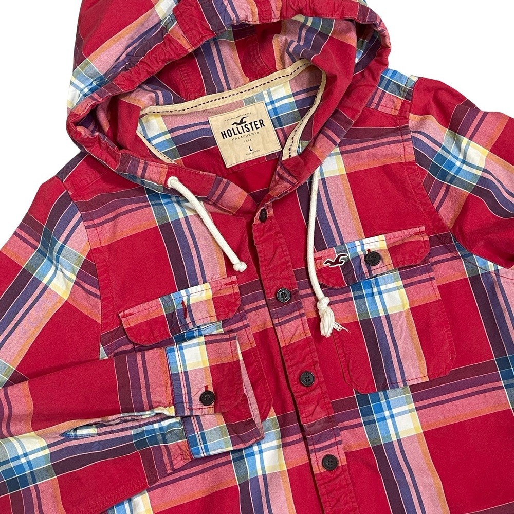 Hollister Plaid Hooded Button Down Shirt Jacket Men L Red Cotton Y2K Surf